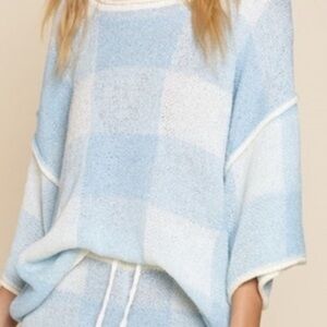 NWOT LADIES SIZE M POL BLUE WHITE SQUARE SHORT SLEEVE KNIT TOP SHIRT SMST201